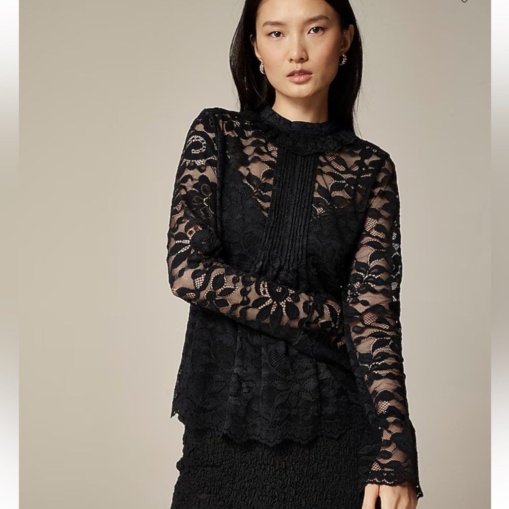 J. Crew Black Lace Mockneck Top Long Sleeve Victorian $128 0